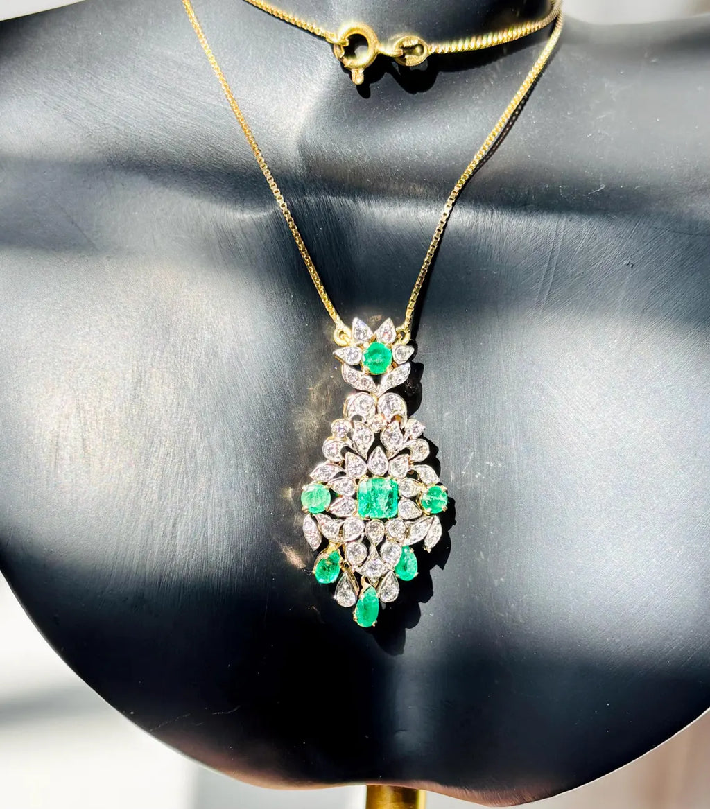 Edwardian Style Emerald and Diamond Drop Pendant Necklace, 18K Yellow Gold