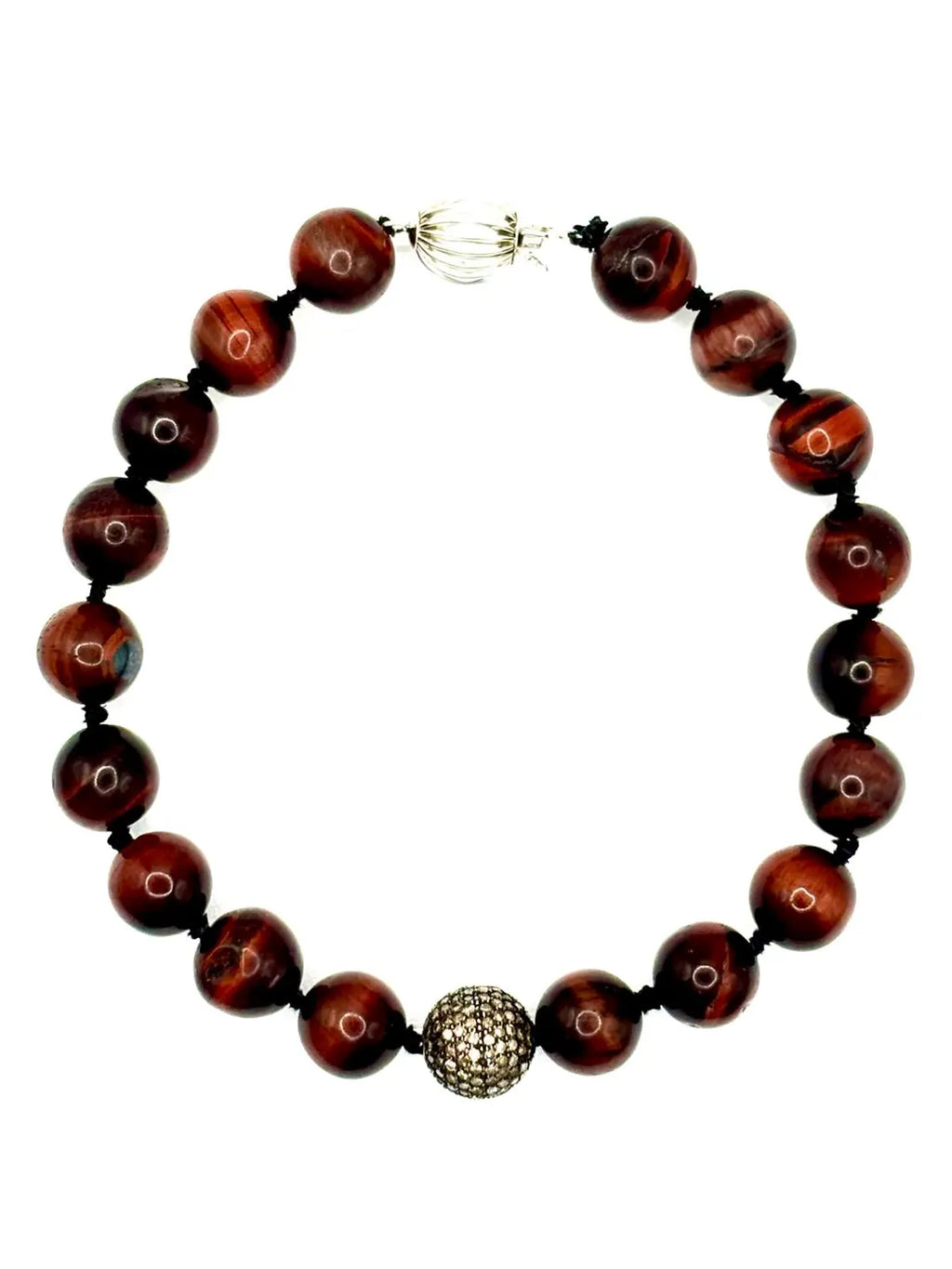 Bull’s Eye Tiger Iron Bead Bracelet with Diamond Pavé Sterling Silver Sphere, 24cm