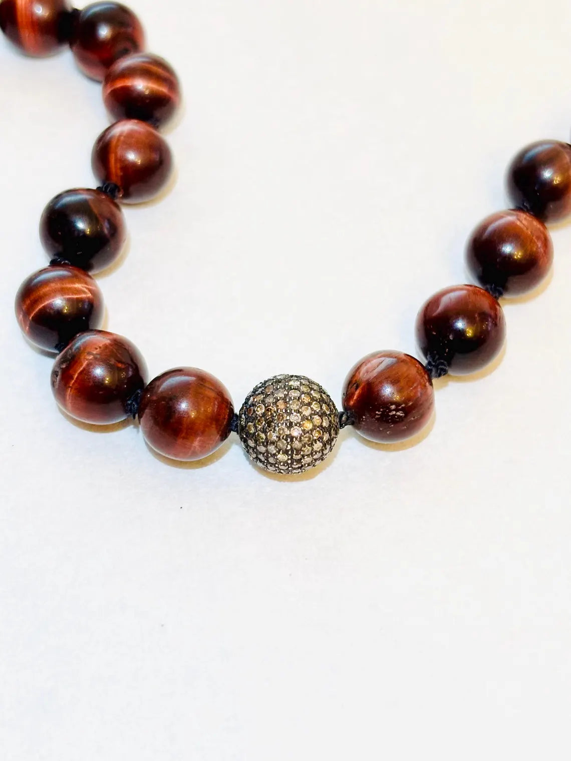 Bull’s Eye Tiger Iron Bead Bracelet with Diamond Pavé Sterling Silver Sphere, 24cm