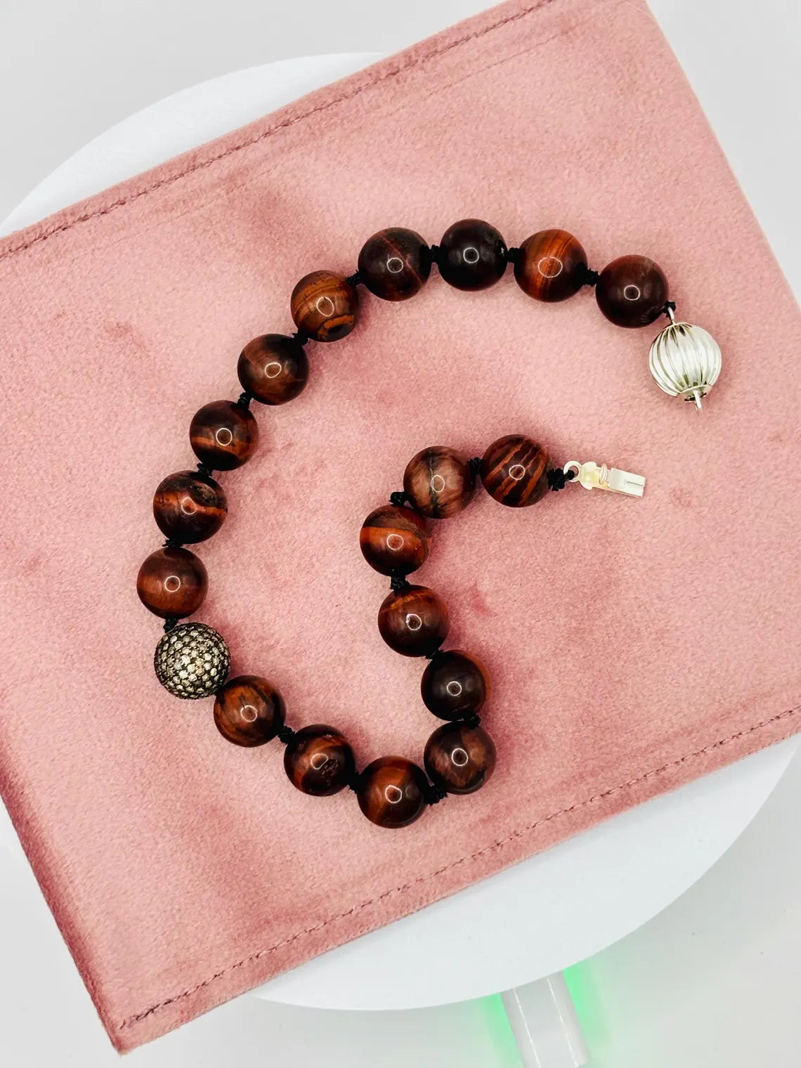 Bull’s Eye Tiger Iron Bead Bracelet with Diamond Pavé Sterling Silver Sphere, 24cm
