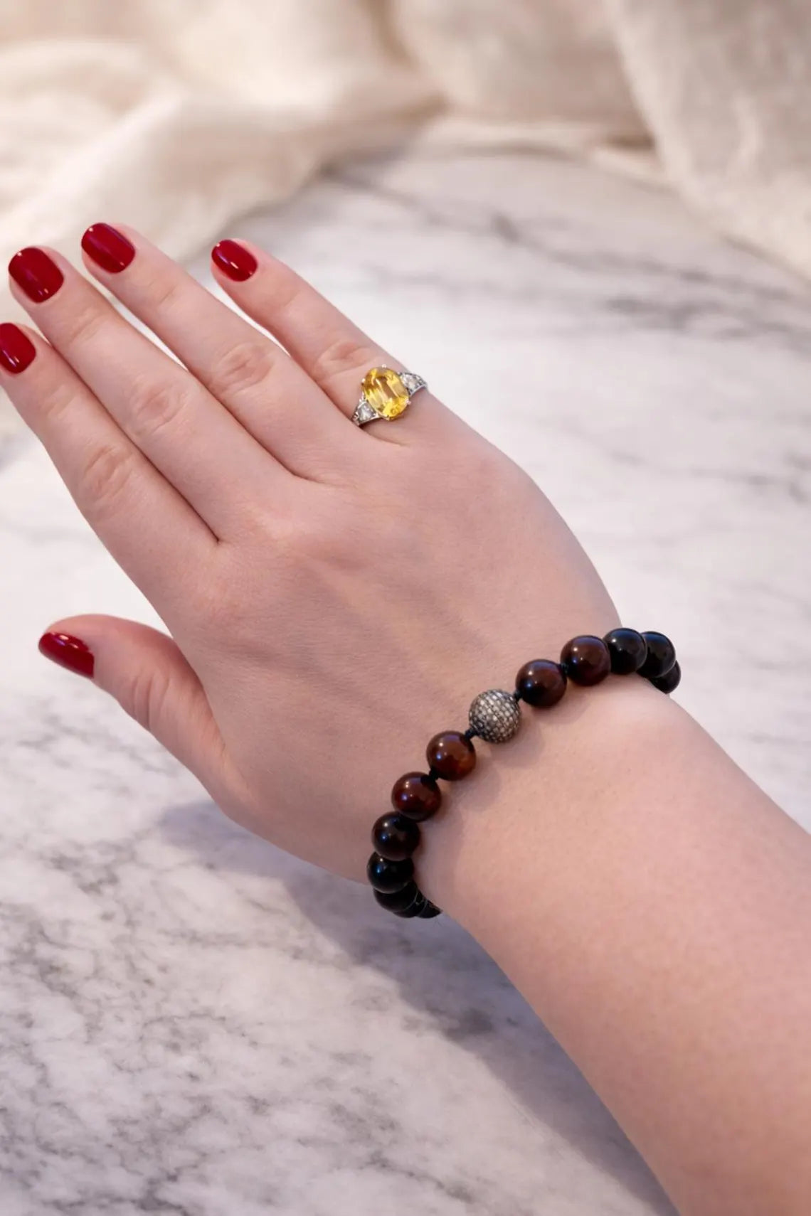 Bull’s Eye Tiger Iron Bead Bracelet with Diamond Pavé Sterling Silver Sphere, 24cm