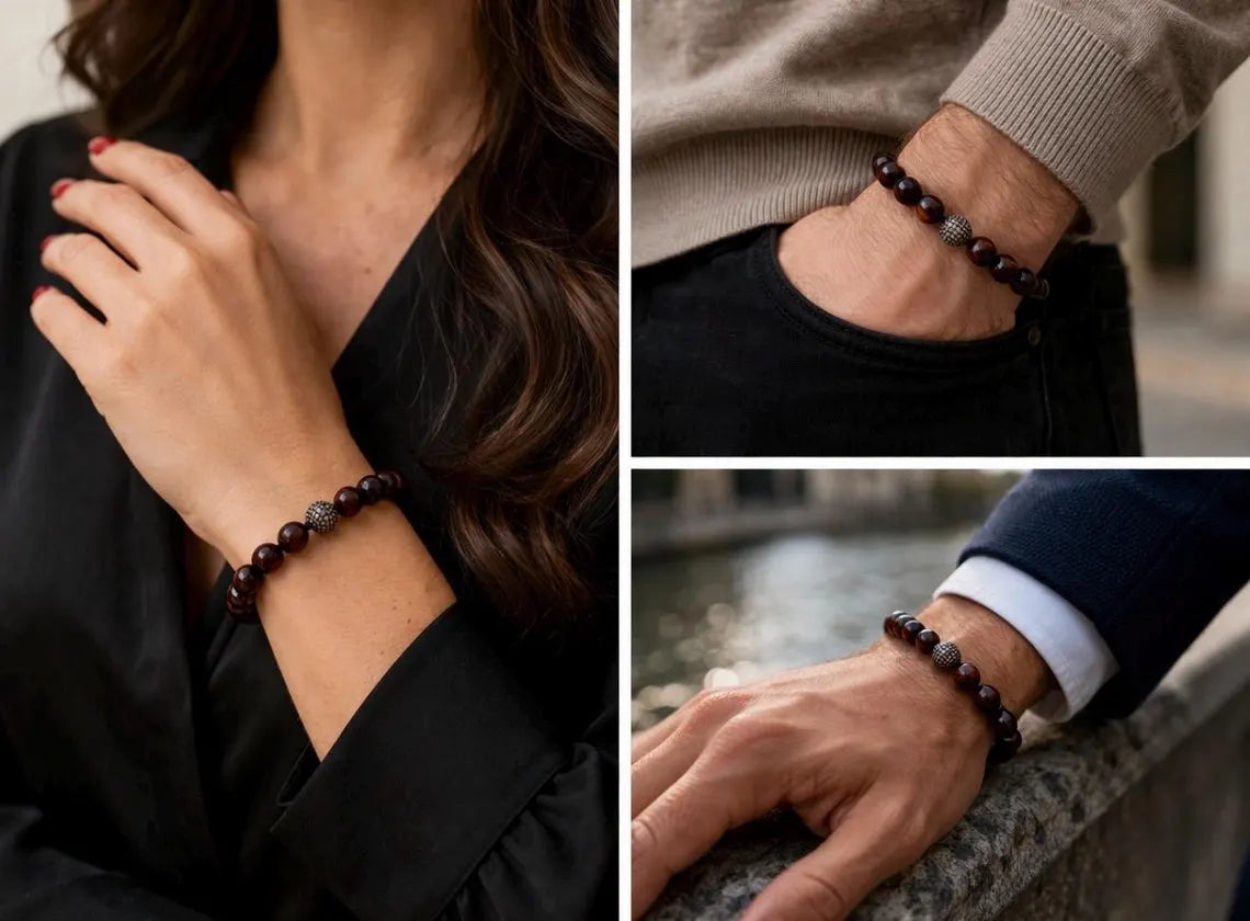 Bull’s Eye Tiger Iron Bead Bracelet with Diamond Pavé Sterling Silver Sphere, 24cm