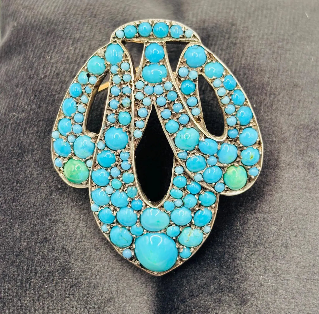 Antique Austro-Hungarian Turquoise Cluster Brooch Silver on 14k Gold, c.1880’s