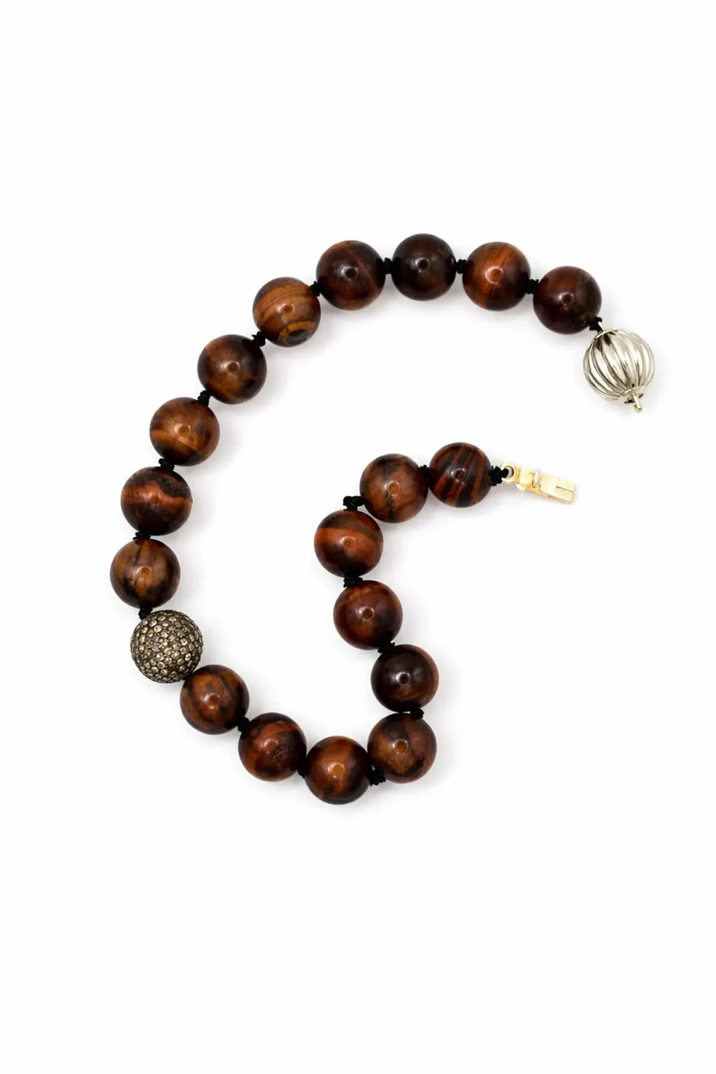 Bull’s Eye Tiger Iron Bead Bracelet with Diamond Pavé Sterling Silver Sphere, 24cm