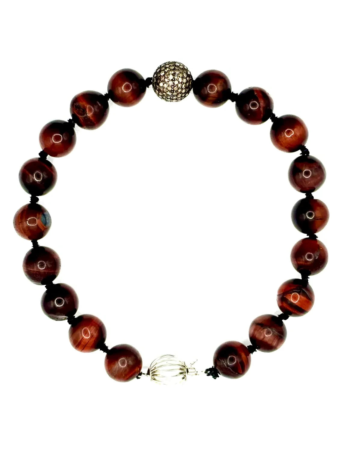 Bull’s Eye Tiger Iron Bead Bracelet with Diamond Pavé Sterling Silver Sphere, 24cm