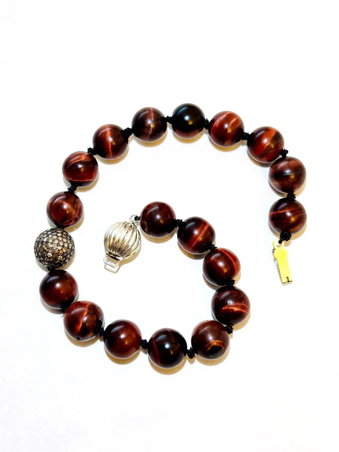 Bull’s Eye Tiger Iron Bead Bracelet with Diamond Pavé Sterling Silver Sphere, 24cm