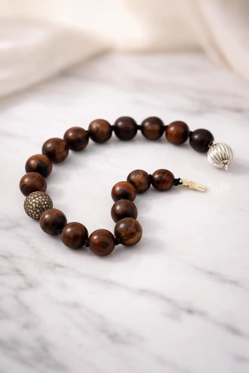 Bull’s Eye Tiger Iron Bead Bracelet with Diamond Pavé Sterling Silver Sphere, 24cm