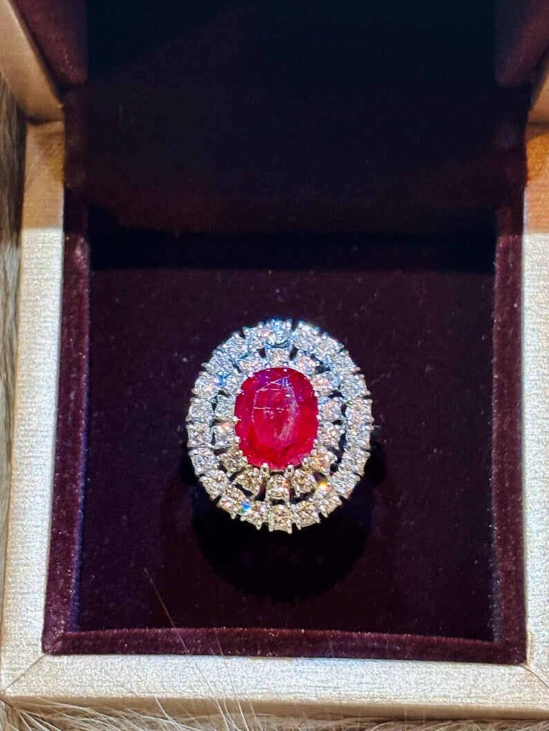 GCS Certified 4.40ct Natural Ruby & Diamond Cluster Ring, 18ct White Gold