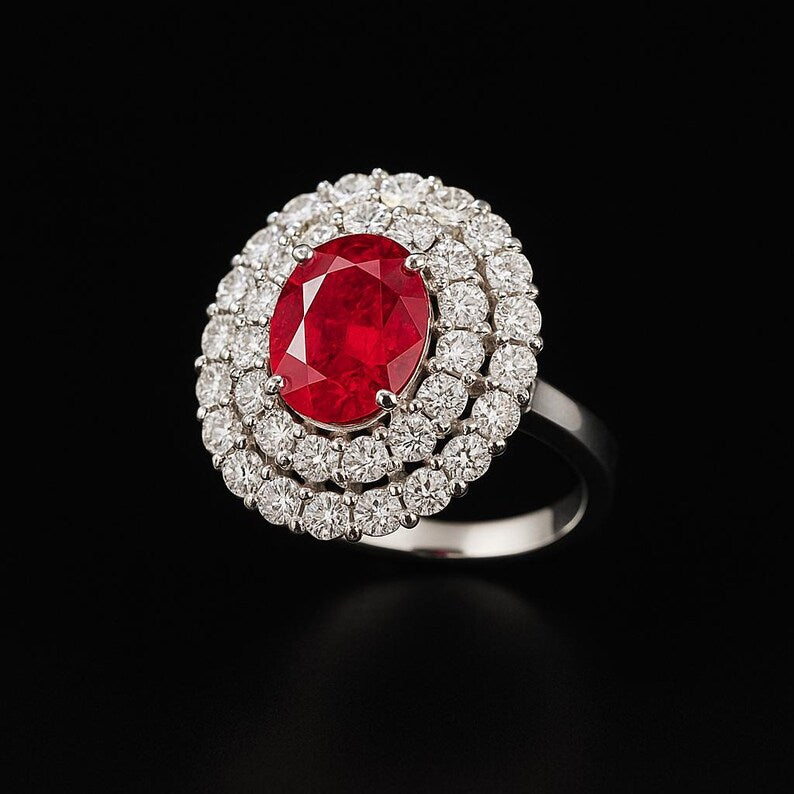 GCS Certified 4.40ct Natural Ruby & Diamond Cluster Ring, 18ct White Gold