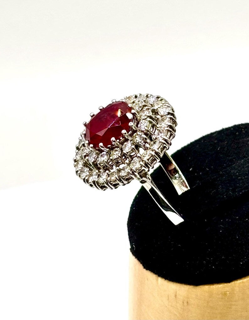GCS Certified 4.40ct Natural Ruby & Diamond Cluster Ring, 18ct White Gold