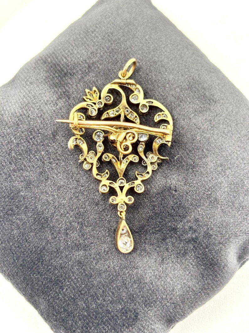 EDWARDIAN PLATINUM & GOLD Diamond Lavaliere Brooch-Pendant c1900