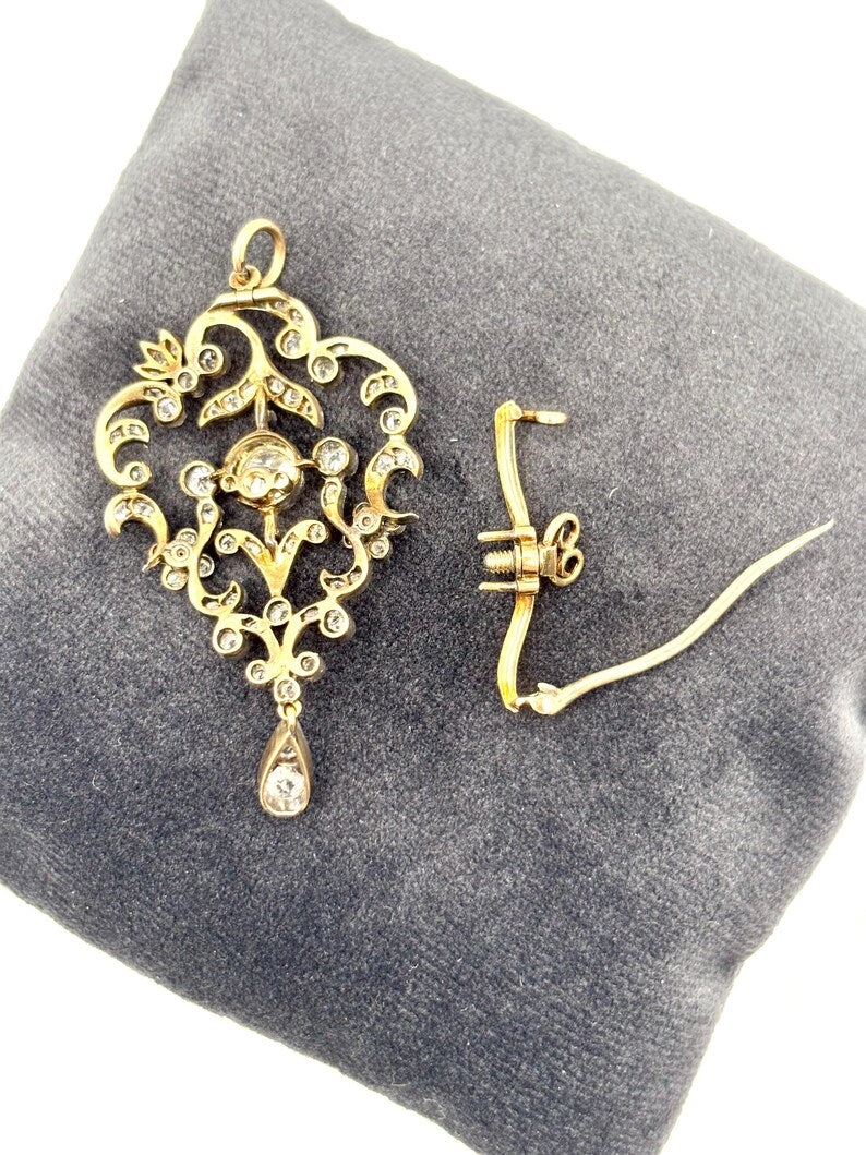 EDWARDIAN PLATINUM & GOLD Diamond Lavaliere Brooch-Pendant c1900