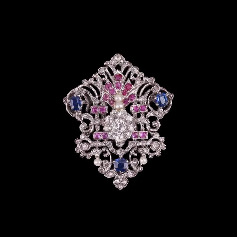 EDWARDIAN PLATINUM BROOCH Diamonds, Sapphires, Rubies & Pearls