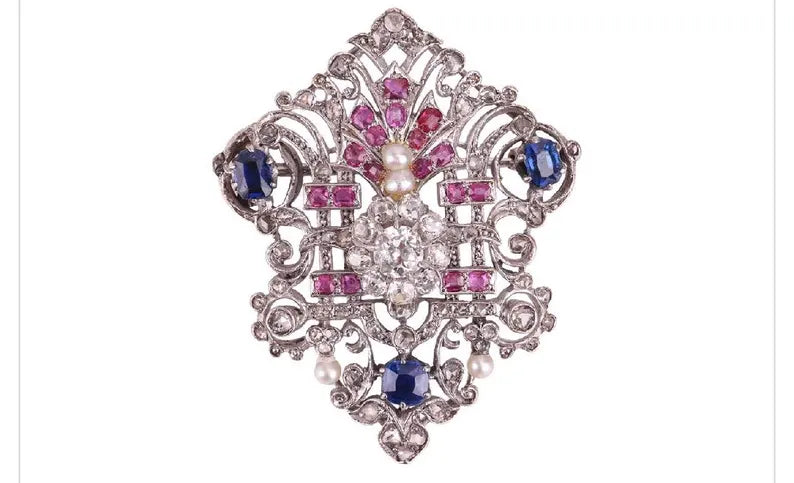 EDWARDIAN PLATINUM BROOCH Diamonds, Sapphires, Rubies & Pearls
