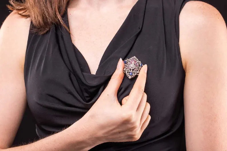 EDWARDIAN PLATINUM BROOCH Diamonds, Sapphires, Rubies & Pearls