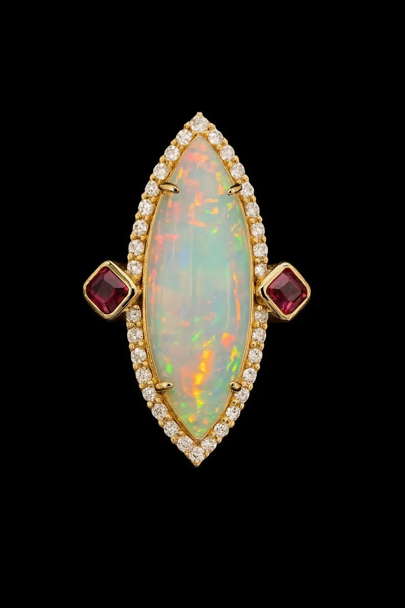 Ethiopian Opal with Diamonds and Rubies Ring in 14K Gold