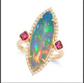 Ethiopian Opal with Diamonds and Rubies Ring in 14K Gold
