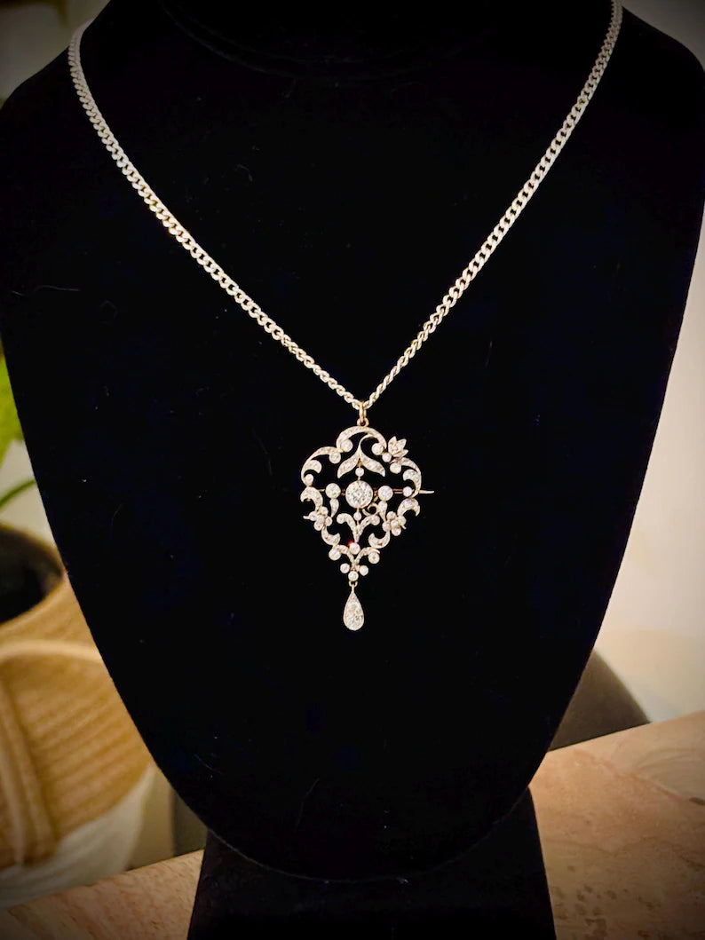 EDWARDIAN PLATINUM & GOLD Diamond Lavaliere Brooch-Pendant c1900