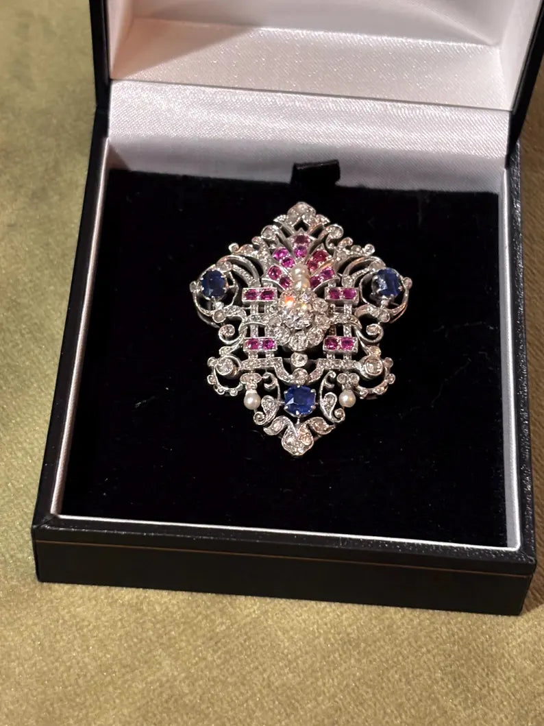EDWARDIAN PLATINUM BROOCH Diamonds, Sapphires, Rubies & Pearls