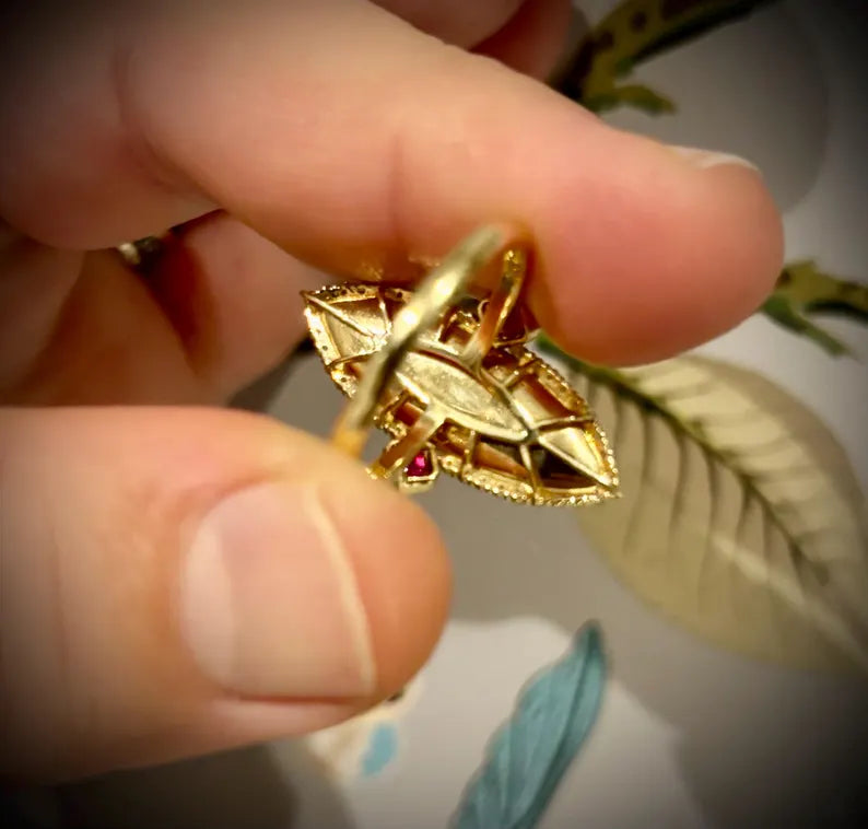 Ethiopian Opal with Diamonds and Rubies Ring in 14K Gold