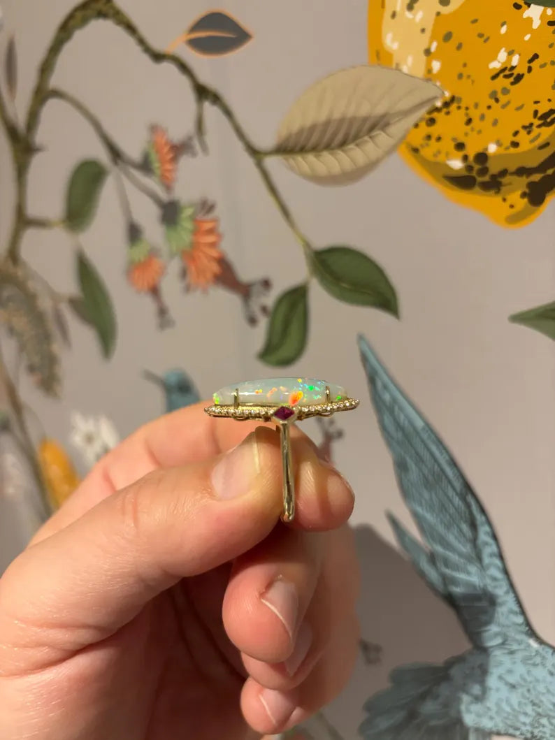 Ethiopian Opal with Diamonds and Rubies Ring in 14K Gold