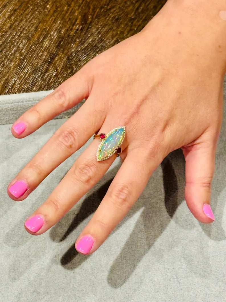Ethiopian Opal with Diamonds and Rubies Ring in 14K Gold