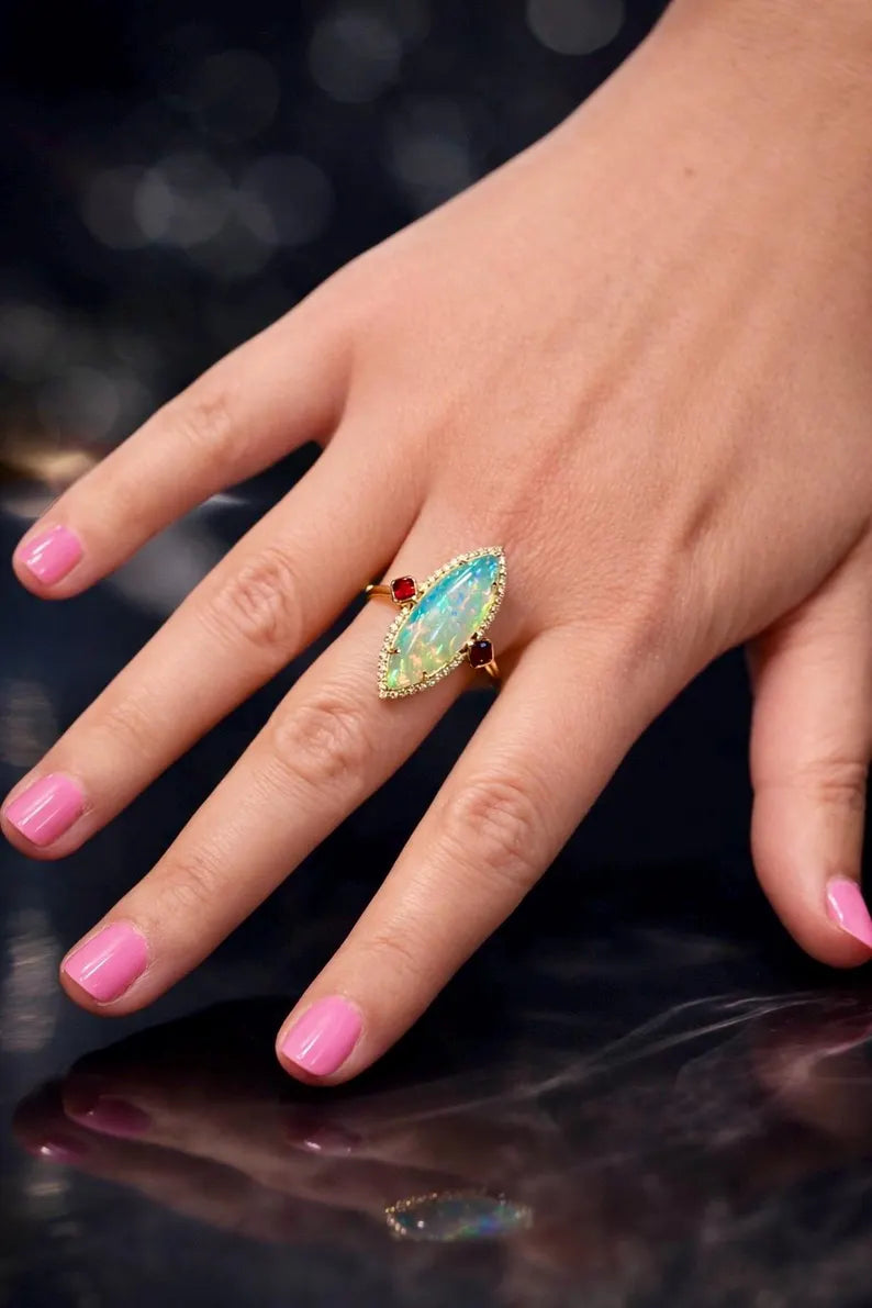 Ethiopian Opal with Diamonds and Rubies Ring in 14K Gold