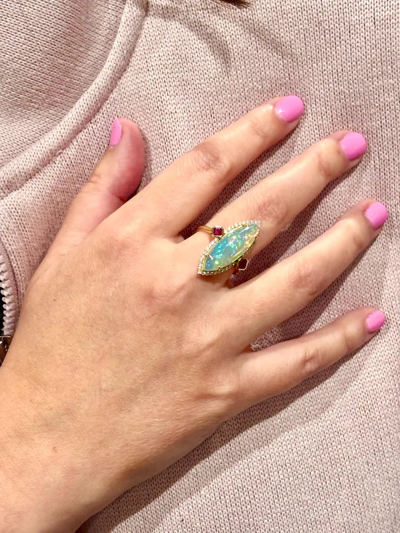 Ethiopian Opal with Diamonds and Rubies Ring in 14K Gold