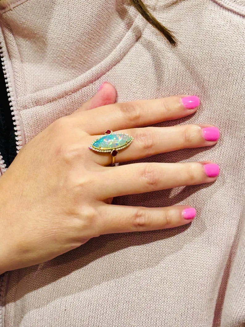 Ethiopian Opal with Diamonds and Rubies Ring in 14K Gold