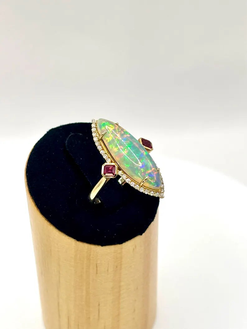 Ethiopian Opal with Diamonds and Rubies Ring in 14K Gold
