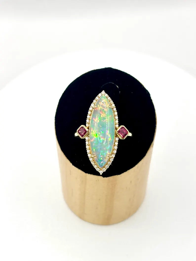 Ethiopian Opal with Diamonds and Rubies Ring in 14K Gold