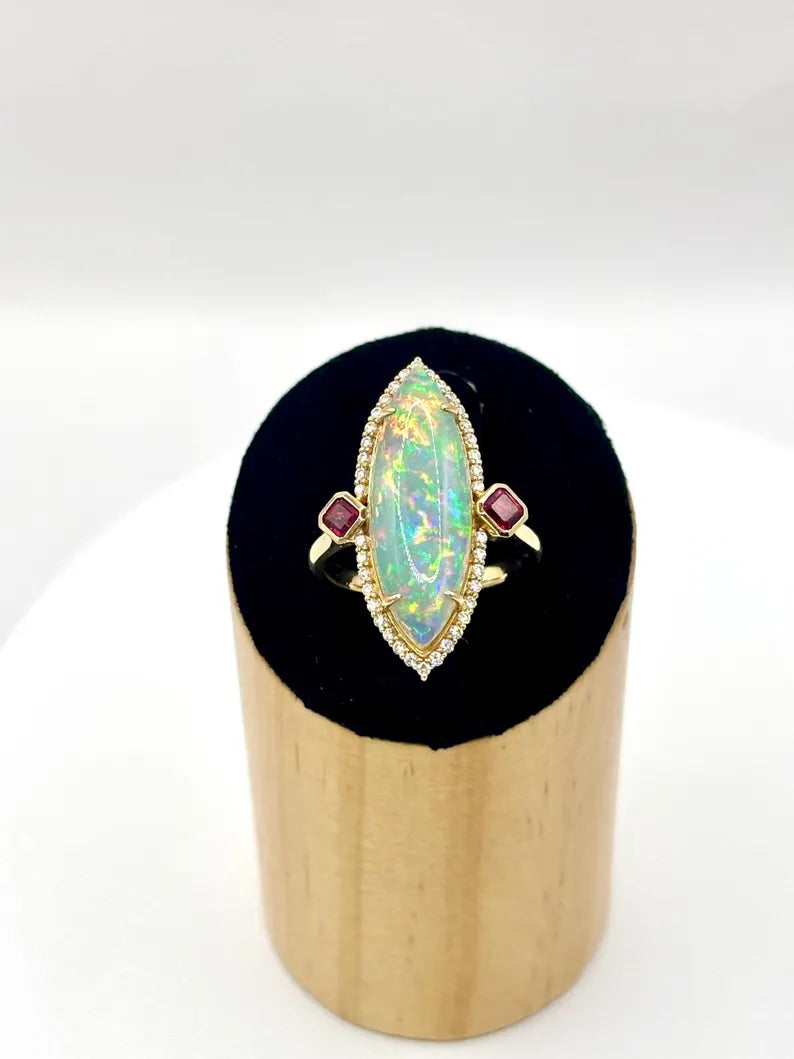 Ethiopian Opal with Diamonds and Rubies Ring in 14K Gold