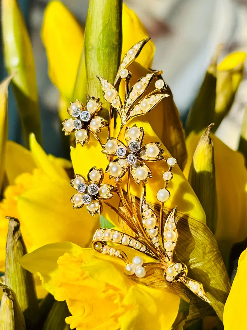 Victorian Pearl Diamond Floral Spray Brooch, 15 Carat Gold, Circa 1880