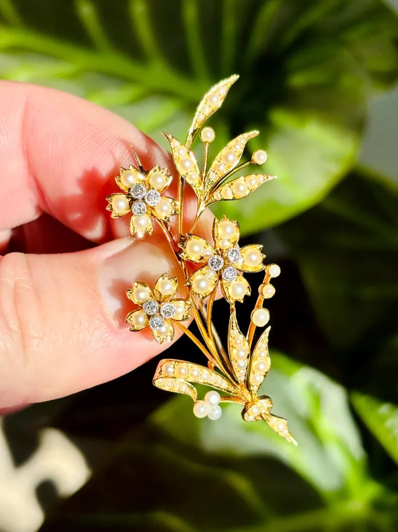 Victorian Pearl Diamond Floral Spray Brooch, 15 Carat Gold, Circa 1880
