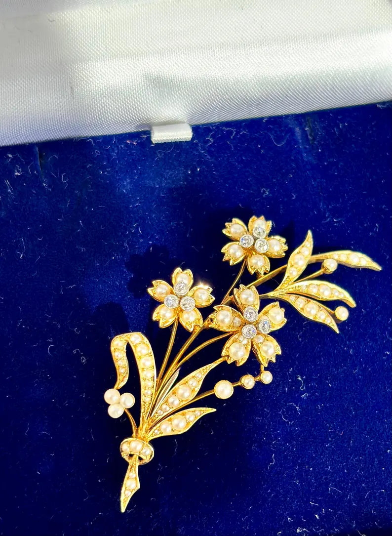 Victorian Pearl Diamond Floral Spray Brooch, 15 Carat Gold, Circa 1880