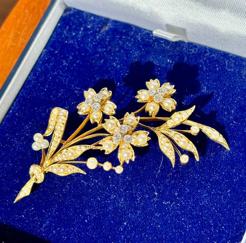 Victorian Pearl Diamond Floral Spray Brooch, 15 Carat Gold, Circa 1880