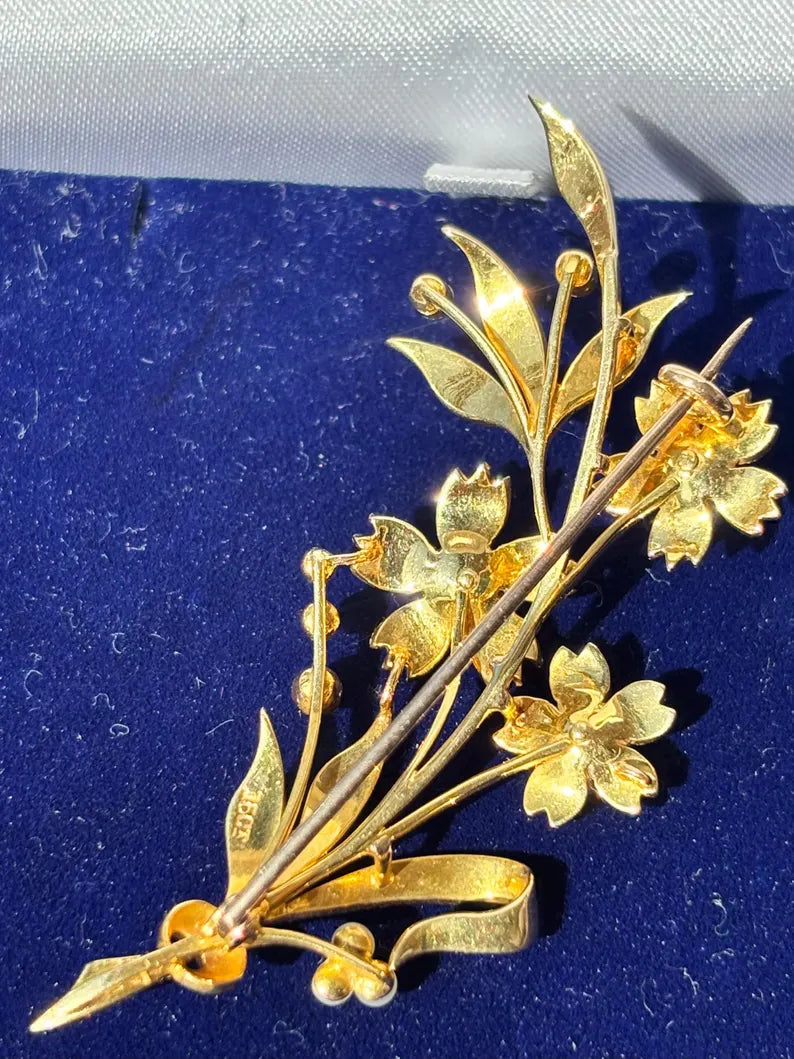 Victorian Pearl Diamond Floral Spray Brooch, 15 Carat Gold, Circa 1880