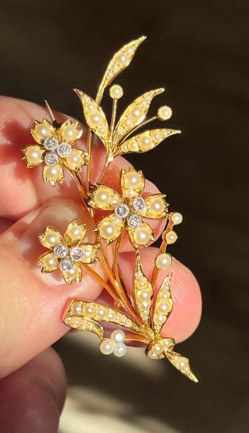 Victorian Pearl Diamond Floral Spray Brooch, 15 Carat Gold, Circa 1880