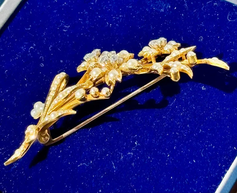 Victorian Pearl Diamond Floral Spray Brooch, 15 Carat Gold, Circa 1880