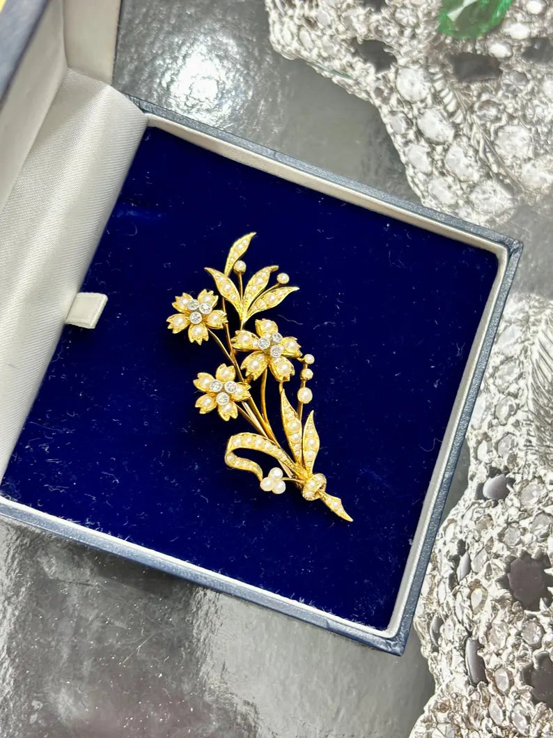 Victorian Pearl Diamond Floral Spray Brooch, 15 Carat Gold, Circa 1880
