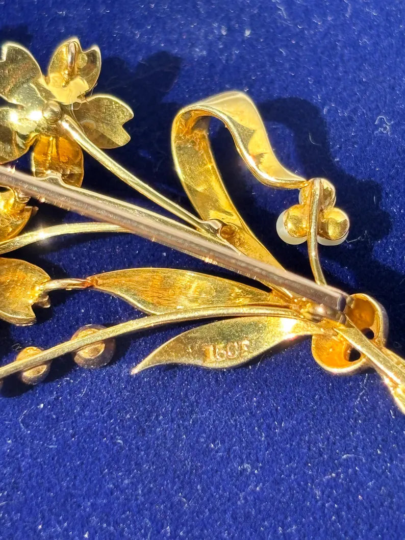Victorian Pearl Diamond Floral Spray Brooch, 15 Carat Gold, Circa 1880