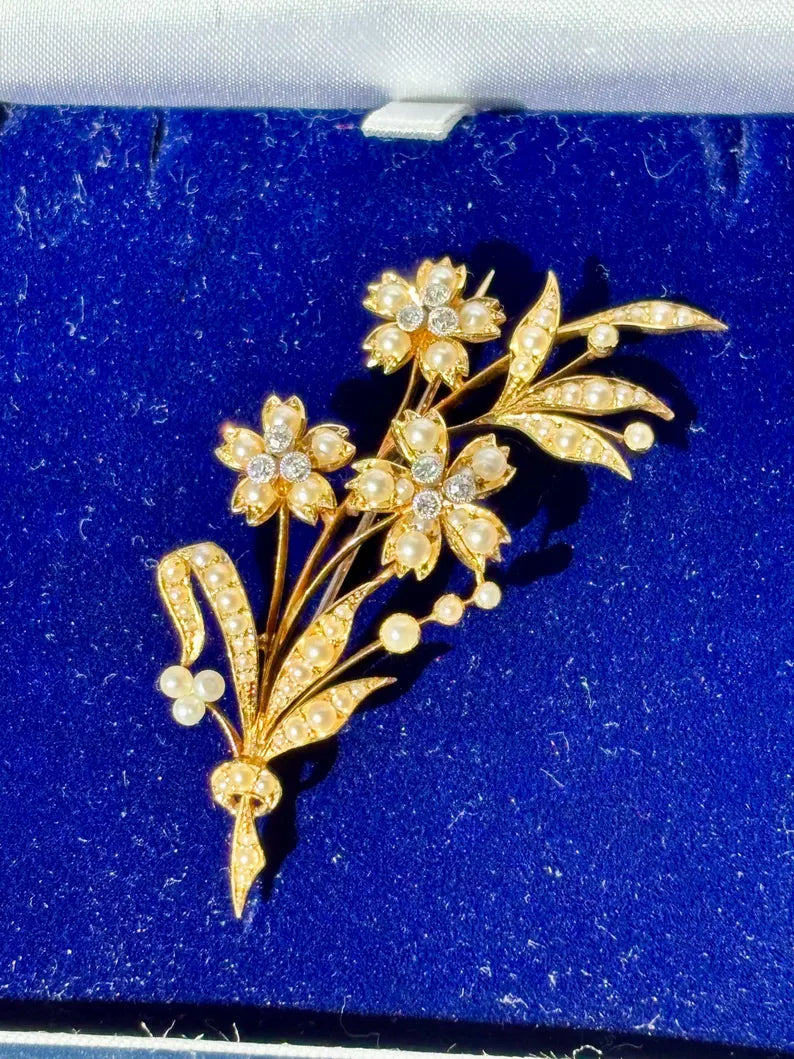 Victorian Pearl Diamond Floral Spray Brooch, 15 Carat Gold, Circa 1880
