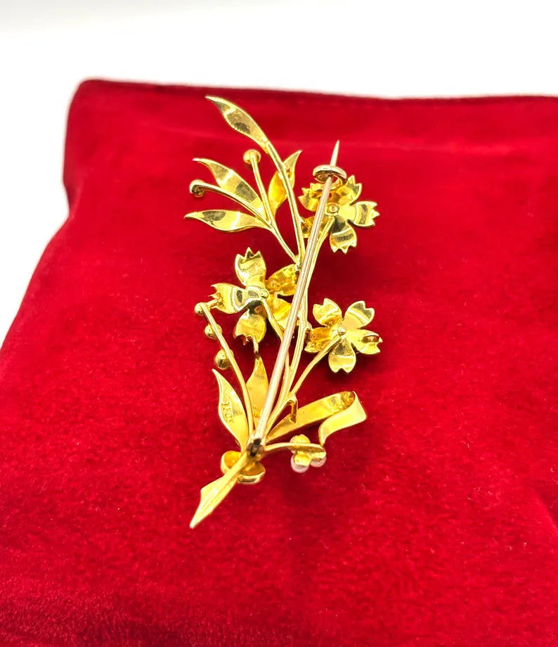 Victorian Pearl Diamond Floral Spray Brooch, 15 Carat Gold, Circa 1880