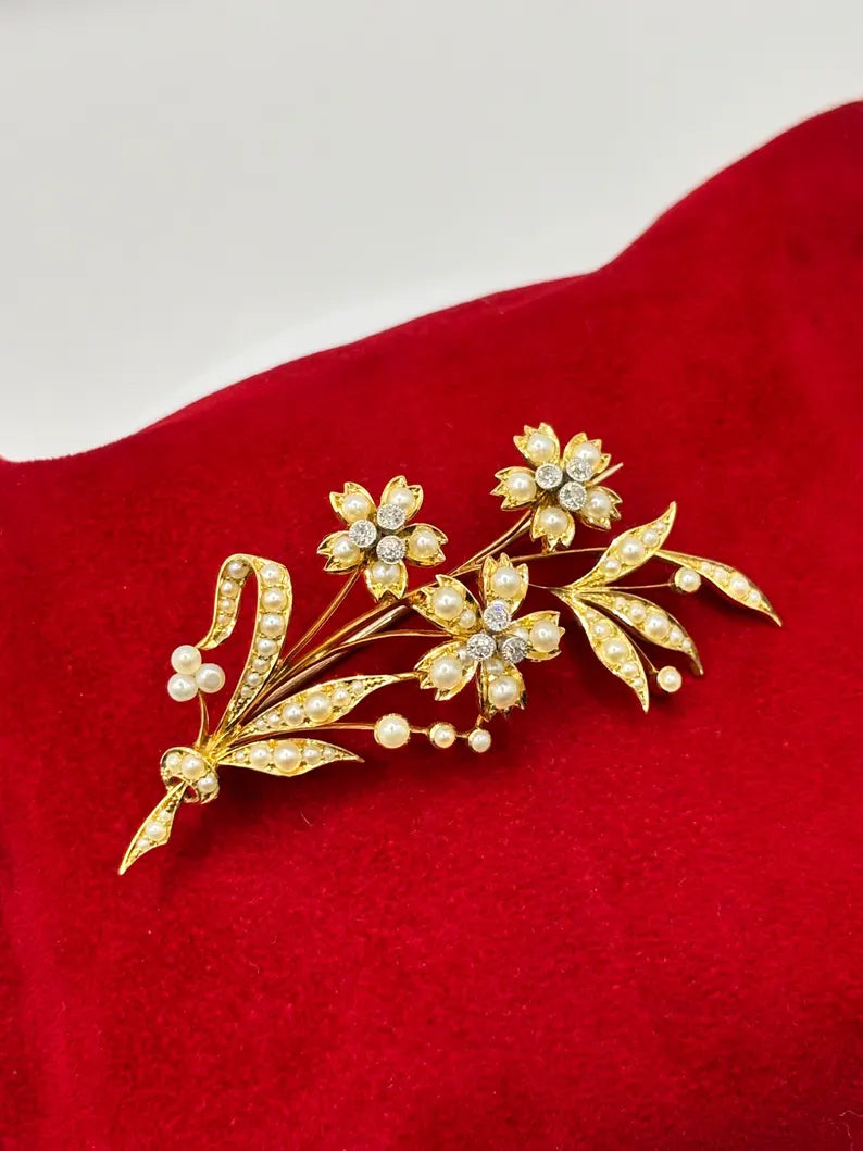 Victorian Pearl Diamond Floral Spray Brooch, 15 Carat Gold, Circa 1880