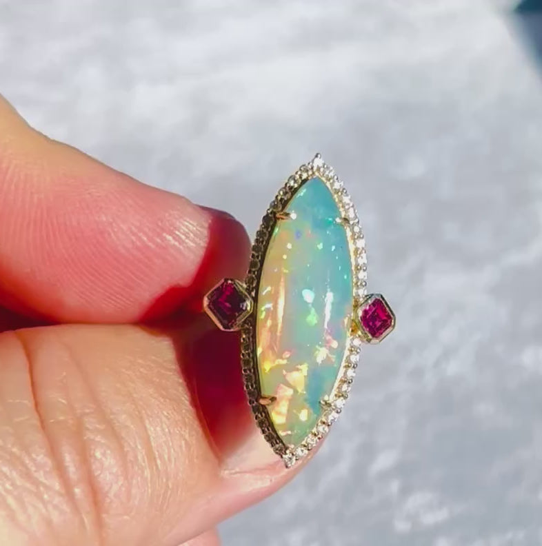 Ethiopian Opal with Diamonds and Rubies Ring in 14K Gold