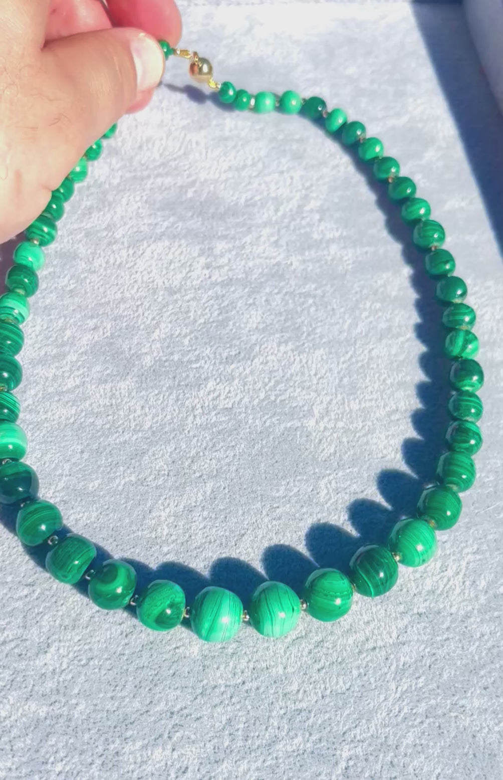Vintage Malachite Bead Necklace, Graduated, 18k Gold Spacers & Clasp, 53cm long