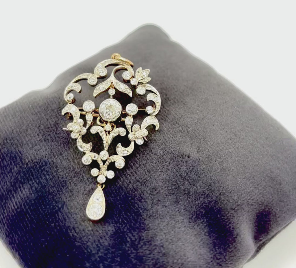 EDWARDIAN PLATINUM & GOLD Diamond Lavaliere Brooch-Pendant c1900