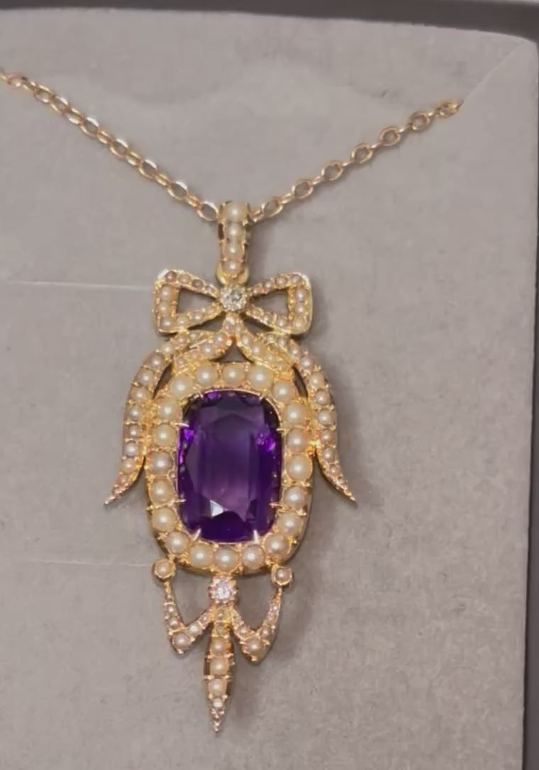 Antique Edwardian Amethyst Pearl Diamond Pendant Necklace in Gold.