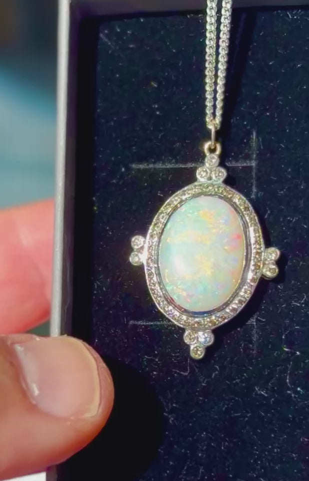 Vintage Edwardian Revival Opal and Diamond Pendant Necklace in 18K Gold with 18K Chain