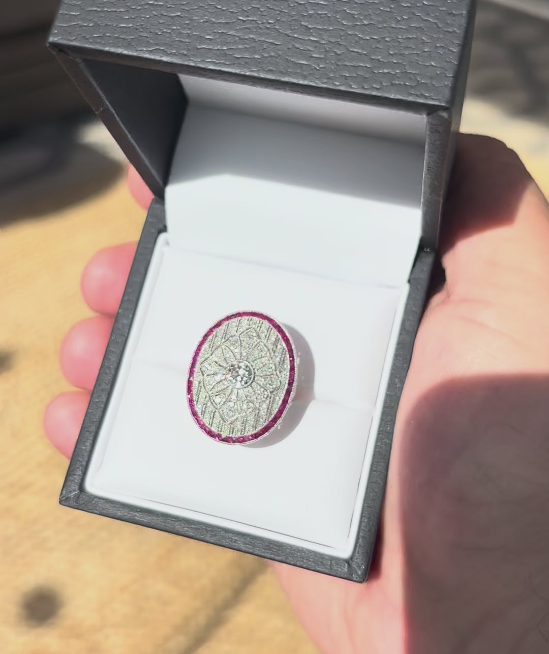 Art Deco Style Platinum Diamond, Calibre Ruby Plaque Ring, Old European Diamond 0.57 carats - overall diamond carat weight 2.07